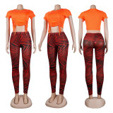 Casual Drawstring T Shirt+Printed Pants 2 Piece Sets FSXF-F361