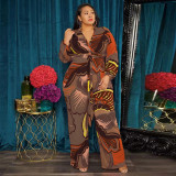 Plus Size Printed V Neck Long Sleeve Sashes Jumpsuit OSIF-22473