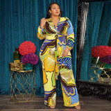 Plus Size Printed V Neck Long Sleeve Sashes Jumpsuit OSIF-22473