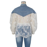 Sexy Denim Lace Patchwork Drawstring Long Sleeve Shirt ZSD-0497