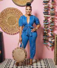 Denim Short Sleeve Zipper Sashes Jeans Jumpsuit LX-6945