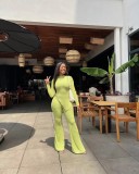 Solid Split Long Sleeve Top Flared Pants 2 Piece Sets FSL-F199