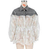Sexy Denim Lace Patchwork Drawstring Long Sleeve Shirt ZSD-0497