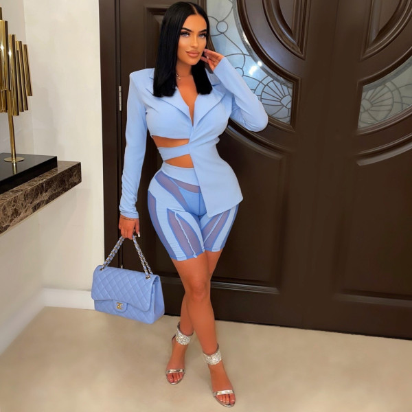 Sexy Irregular Blazer Coat+Mesh Patchwork Shorts 2 Piece Sets XYF-9182