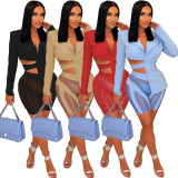 Sexy Irregular Blazer Coat+Mesh Patchwork Shorts 2 Piece Sets XYF-9182