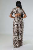 Leopard Print Short Sleeve Wide Leg Pants 2 Piece Sets XMY-9388