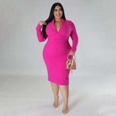 Plus Size Solid V Neck Long Sleeve Midi Dress NNWF-7656