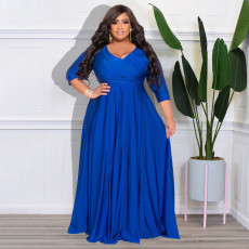 Plus Size Solid V Neck 3/4 Sleeve High Waist Evening Dress NNWF-7670