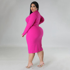 Plus Size Solid V Neck Long Sleeve Midi Dress NNWF-7656