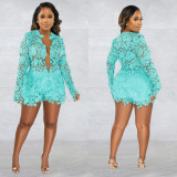 Sexy Hollow Out Long Sleeve Top And Shorts 2 Piece Sets BY-5986