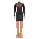 Sexy Mesh Hot Drilling Long Sleeve Night Club Dress GOSD-6699