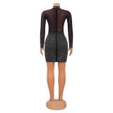 Sexy Mesh Hot Drilling Long Sleeve Night Club Dress GOSD-6699