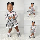 Kids Girls Printed Long Sleeve Hooded And Skirt Two Piece Set GYMF-YM076 