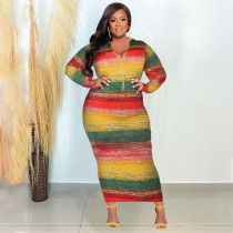 Plus Size Printed Long Sleeve Slim Midi Dress NNWF-7684