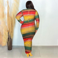 Plus Size Printed Long Sleeve Slim Midi Dress NNWF-7684