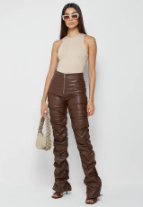 PU Leather Zipper Skinny Stacked Pants GWDS-220915