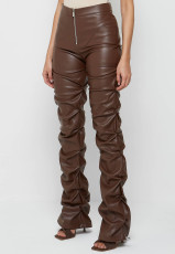 PU Leather Zipper Skinny Stacked Pants GWDS-220915