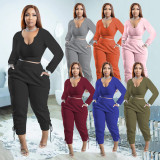 Plus Size Solid Long Sleeve Two Piece Pants Sets PHF-13305