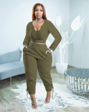 Plus Size Solid Long Sleeve Two Piece Pants Sets PHF-13305