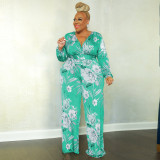 Plus Size Floral Print V Neck Belted Jumpsuit OSIF-22533