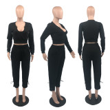 Plus Size Solid Long Sleeve Two Piece Pants Sets PHF-13305