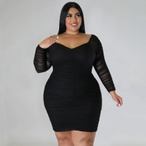 Plus Size Sexy Ruched Long Sleeve Bodycon Dress NNWF-7697
