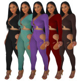Solid Long Sleeve Hollow Pants Two Piece Set YF-9991