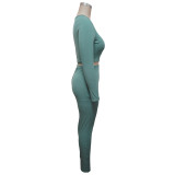 Solid Long Sleeve Hollow Pants Two Piece Set YF-9991