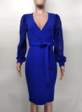Sexy Lace Patchwork Lantern Sleeve Sashes Midi Dress XMY-9390