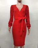 Sexy Lace Patchwork Lantern Sleeve Sashes Midi Dress XMY-9390