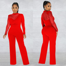 Fashion Polka Dot Mesh Splice Long Sleeve Jumpsuit BY-6021