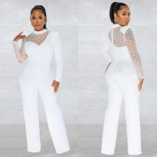 Fashion Polka Dot Mesh Splice Long Sleeve Jumpsuit BY-6021