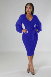 Sexy Lace Patchwork Lantern Sleeve Sashes Midi Dress XMY-9390