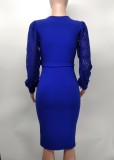 Sexy Lace Patchwork Lantern Sleeve Sashes Midi Dress XMY-9390