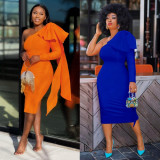 Plus Size Solid One Shoulder Slim Midi Dress NY-10271