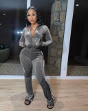 Casual Velvet Zipper Top Wide Leg Pants Two Piece Set YD-8656