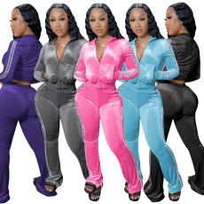 Casual Velvet Zipper Top Wide Leg Pants Two Piece Set YD-8656