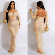 Fashion Hot Diamond Mesh Long Sleeve Maxi Dress BY-6023
