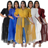 Plus Size Solid Shirts Mesh Splice Perspective Maxi Dress NNWF-7681