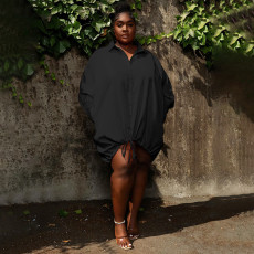 Plus Size Solid Color Long Sleeve Loose Drawstring Shirt Dress NNWF-7680
