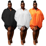 Plus Size Solid Color Long Sleeve Loose Drawstring Shirt Dress NNWF-7680