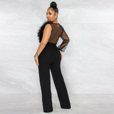 Sexy Mesh See Through Deep V Neck Jumpsuit JZHF-8119