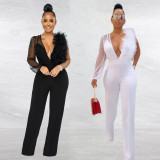 Sexy Mesh See Through Deep V Neck Jumpsuit JZHF-8119