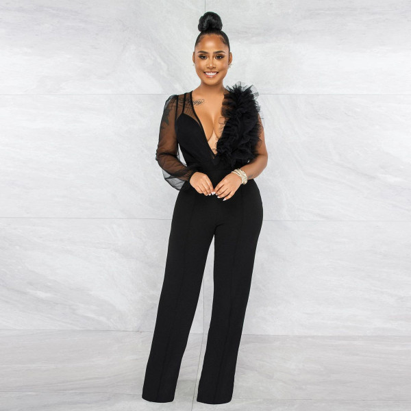 Sexy Mesh See Through Deep V Neck Jumpsuit JZHF-8119