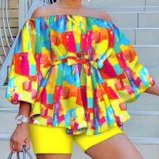 Plus Size Print One Shoulder Loose Top And Short Two Piece Set NY-10306