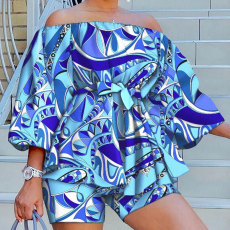 Plus Size Print One Shoulder Loose Top And Short Two Piece Set NY-10306