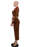 Color Matching Lapel Long Dress(With Waist Belt) XHXF-327