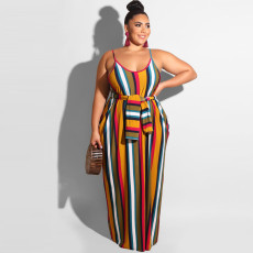 Plus Size Striped Loose Sling Maxi Dress With Belt OSIF-19258