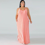 Plus Size Striped Loose Sling Maxi Dress With Belt OSIF-19258