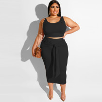 Plus Size Solid Color Tight Tank Top And Skirts Two Piece Set OSIF-19316